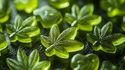 cannabis, gummies, edibles, hemp. Green gummy candies shaped like cannabis leaves arranged on a dark surface.