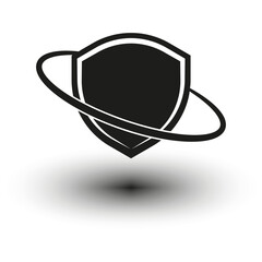 Futuristic helmet shape. Orbit ring symbol. Sci fi vector head. Black silhouette object.