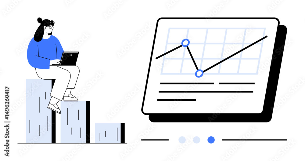 Poster woman sits on stylized bar chart using laptop near a line chart with data points and grid. ideal for