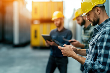 Professional logistics team workers in hard hats use digital devices in a warehouse setting, demonstrating modern supply chain management and efficient shipment coordination.