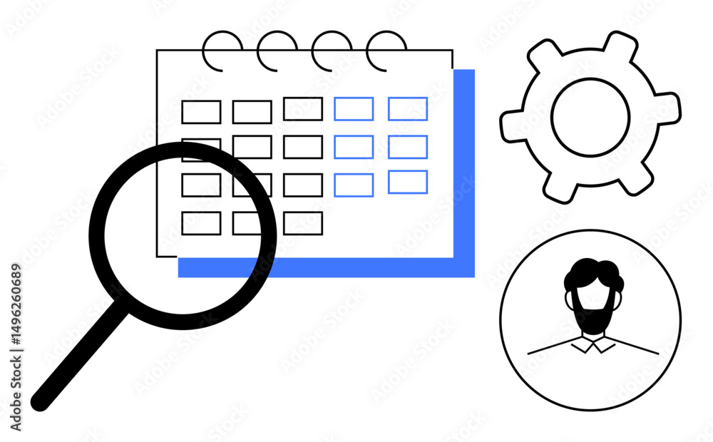 Poster magnifying glass over calendar for task analysis, gear for process settings, profile icon for user r