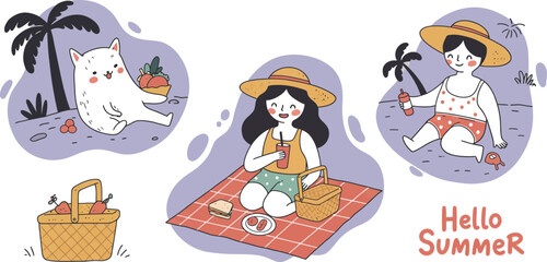 Cat and woman enjoying summer picnic with tropical palm tree and basket vector illustration 