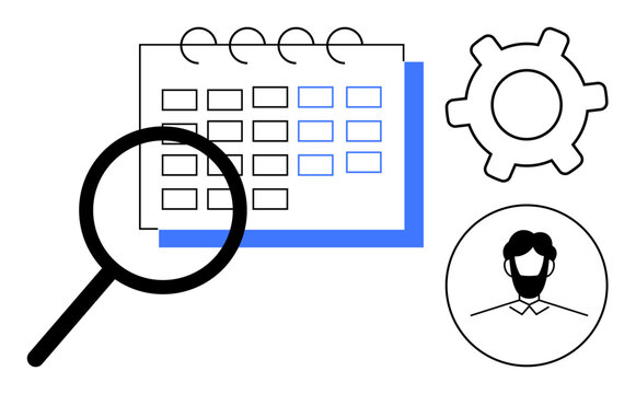 Magnifying glass over calendar for task analysis, gear for process settings, profile icon for user role. Ideal for management, planning, productivity, workflow, scheduling, recruitment research