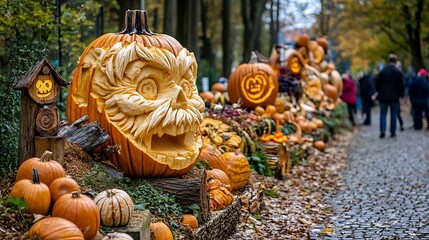 Carved pumpkins displayed along a path.