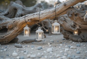 Driftwood decorated with lanterns creates a cozy summer garden picnic atmosphere