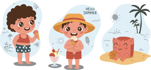 Children enjoying summer ice cream and beach scene with palm tree in playful vector illustration 