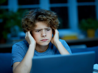 Young Caucasian boy with worried and sad expression in front of laptop, cyberbullying concept