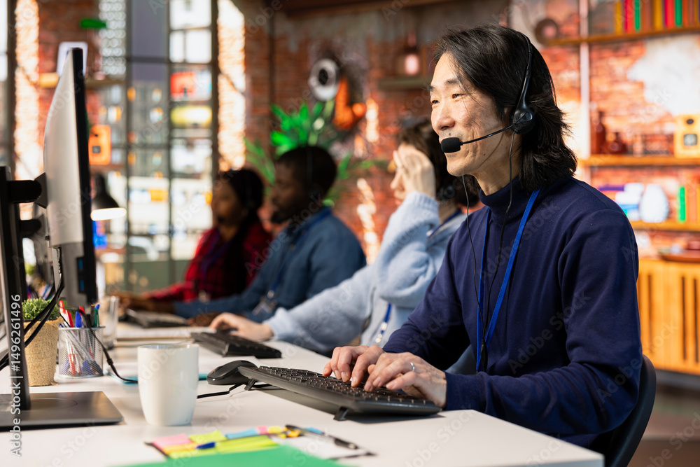 Poster call center agent handling customer inquiries, complaints and support requests in office. customer s