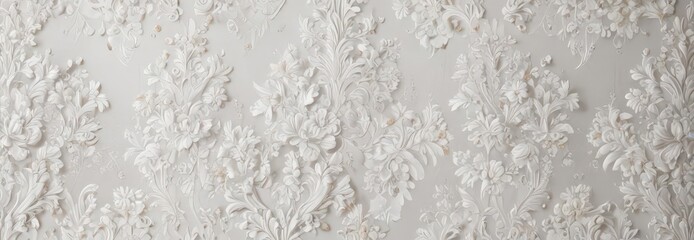 Intricate white damask floral wallpaper, elegant design , ornate, vintage