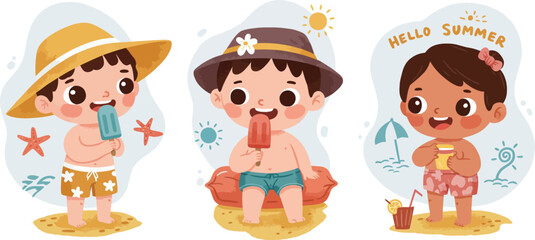 Obraz premium Three cute kids enjoying summer beach holiday with hats ice cream and sand toys cheerful scene