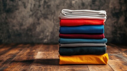 Neat Stack of Colorful Folded Clothes on Rustic Wooden Table