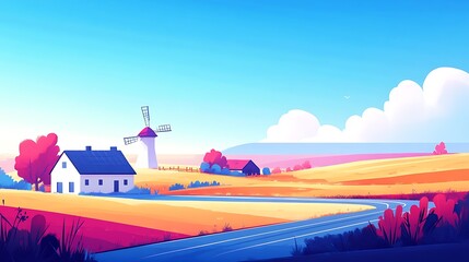 Autumn Countryside Road  Mill.