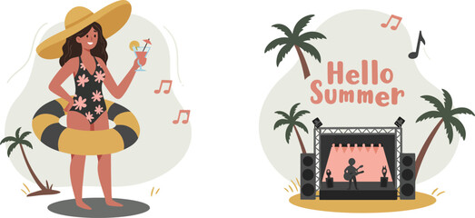Obraz premium Summer vacation woman with float ring and tropical island music festival scene vector illustration 