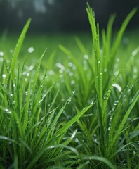 Obraz premium Vibrant green grass blades, dew drops glistening , chlorophyll, nature, morning