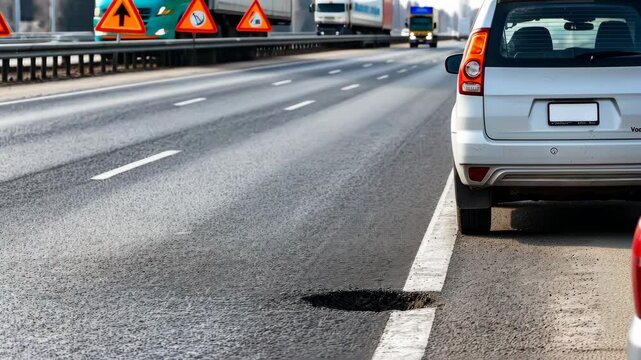 White car navigating road pothole on busy highway with traffic signs in background