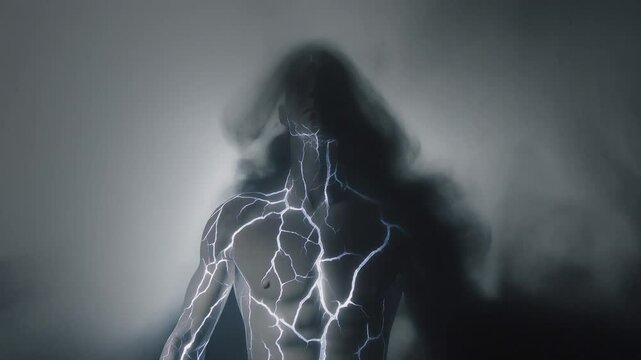 Human figure with glowing cracks collapses as black smoke rises from their back in a surreal, artistic display of power