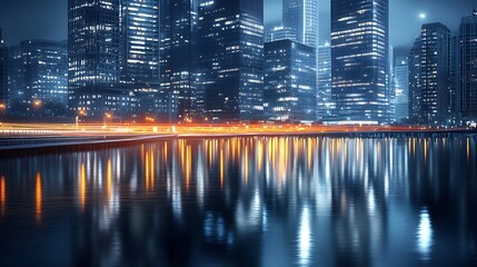 City skyline at night reflected in the water.