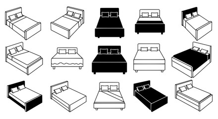 Collection of Beds: A diverse set of bed illustrations, showcasing various styles and configurations, including different bed sizes, frames, and bedding arrangements.