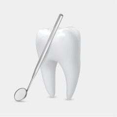 Realistic illustration of a tooth with dental mirror isolated on a grey background 