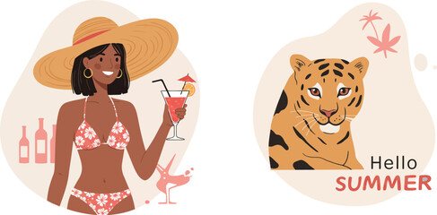 Obraz premium Woman in floral bikini with cocktail and tiger greeting summer in tropical vector illustration 