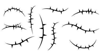 Barbed Wire Design: A collection of various design arrangements for stylized barbed wire, presented in a photorealistic and minimalist style, offering versatility for visual projects.