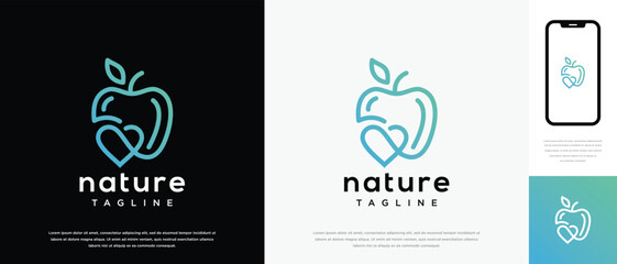 Apple fruit love logo design. Apple fruit logo template with leaf and love. Apple logo symbol icon