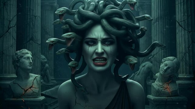 Medusa: A Digital Painting of the Gorgon, Weeping Amidst Ruins