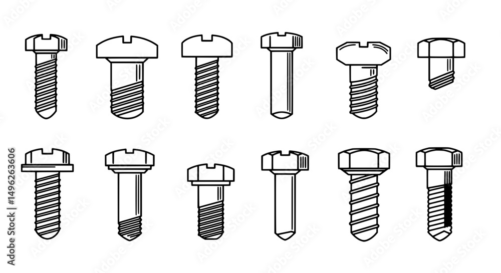Aufkleber essential fasteners: an array of meticulously depicted screws, each with a unique head and thread pa