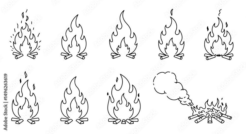 Poster burning flame elements set: this image features a meticulously crafted set of line art fire illustra