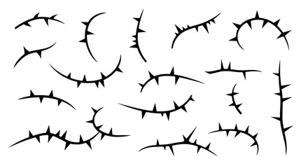 Barbed Thorns Silhouette: A collection of intricate, dark silhouette illustrations of individual barbed thorns, perfect for adding a touch of edgy detail to any design. 