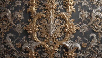Opulent baroque wallpaper, gold & silver scrolls, floral details, design, luxury