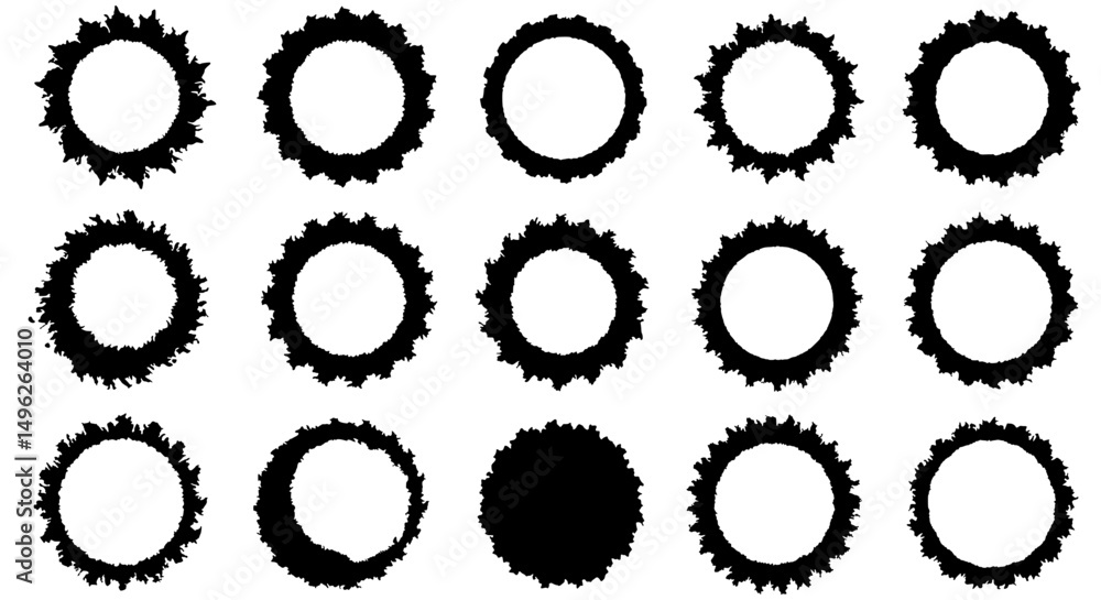 Poster abstract circular grunge: a set of artistic, rough-edged, black circular design elements suitable fo