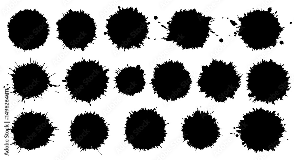 Poster ink blot splatter: a collection of ink blot splatters in various shapes, evoking abstract patterns, 