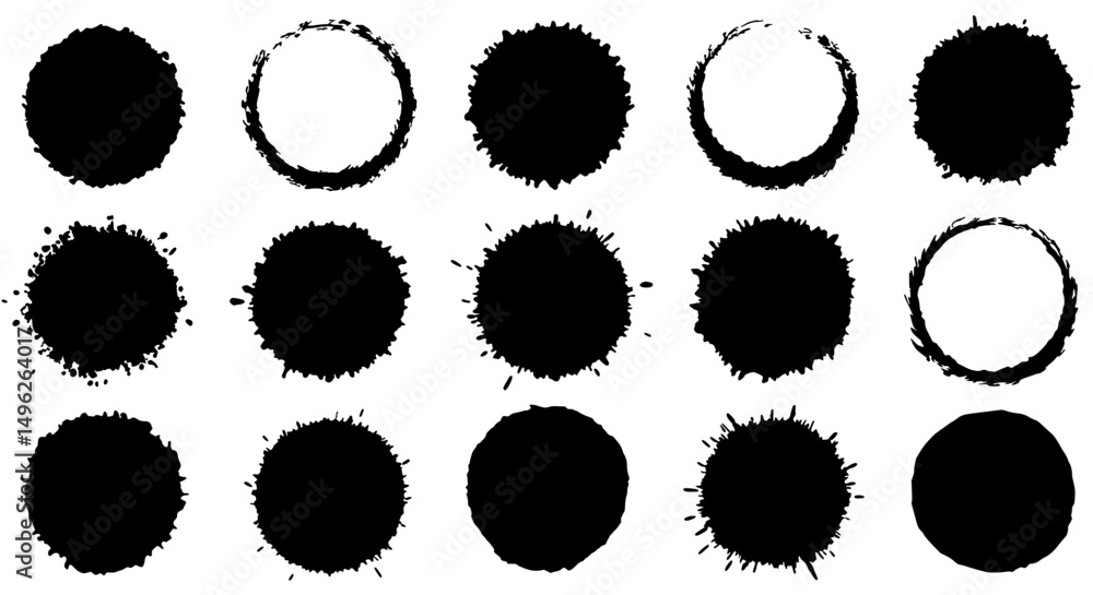 Poster ink splatter circular design elements: an abstract, high-angle view of an arrangement of various bla