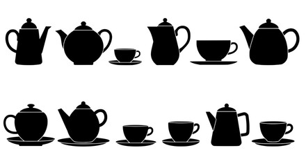 Tea time silhouette : This simple photo captures the essence of tea time with minimalist and elegant silhouettes of tea pots and cups on saucers, representing tranquility and elegance.