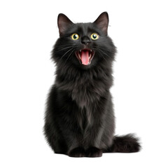 Charming black cat with fluffy fur sitting and happily meowing against a transparent background, capturing a moment of joy and playfulness at home