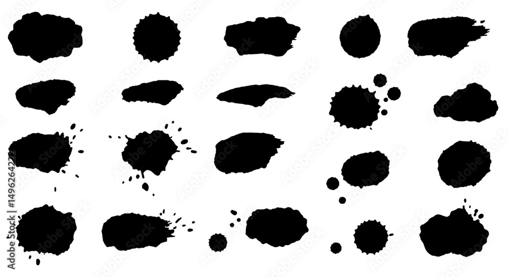 Poster ink splatter collection: a diverse set of 20 hand-drawn black ink splatters, each unique in size and