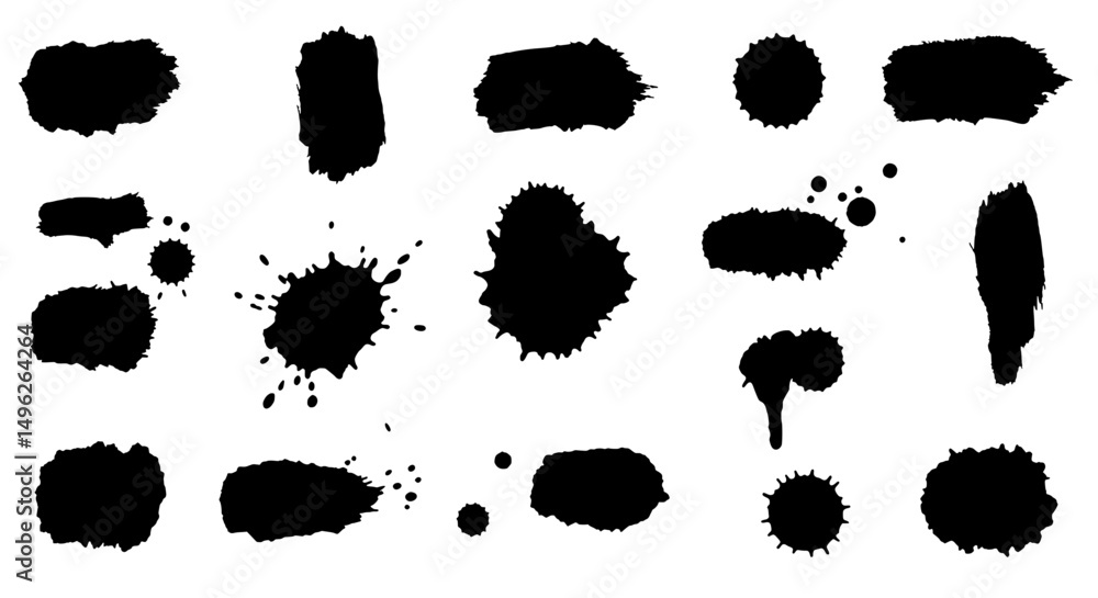 Poster ink blot art: a collection of black ink blots and paint splatters create a modern art composition, p