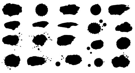 Ink Splatter Collection: A diverse set of 20 hand-drawn black ink splatters, each unique in size and shape, perfect for adding an artistic touch to your designs.