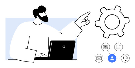 Man working on laptop, pointing at gear icon with micro-icons of email, shopping, user, and services. Ideal for teamwork, strategy, technology, efficiency management analysis flat simple metaphor