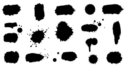 Ink Blot Art: A collection of black ink blots and paint splatters create a modern art composition, perfect for adding texture to design projects. 