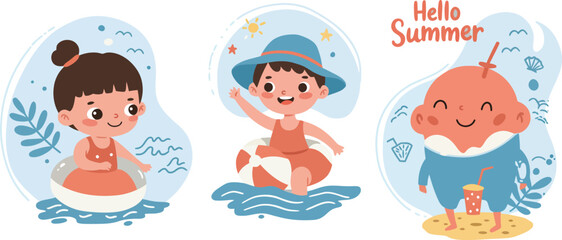 Children enjoying summer pool with hats and floaties holding ball and drink illustration vector 