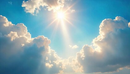 Golden sunbeams pierce through gaps in fluffy clouds, illuminating a bright, clear sky Perfect for nature, weather, and summer themes , weather, solar, radiant