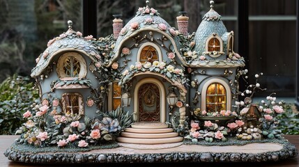 Naklejka premium Detailed miniature fairy tale house, adorned with roses and intricate details