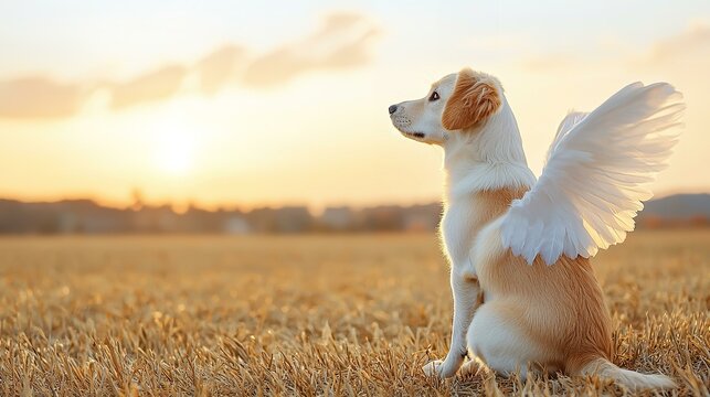 Dog with Angel Wings Sitting in Golden Field at Sunset
