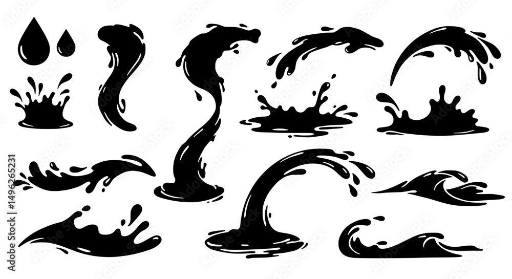 Aufkleber ink splash silhouettes: a dynamic collection of ink splashes and liquid droplets, showcasing various