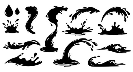 Ink Splash Silhouettes: A dynamic collection of ink splashes and liquid droplets, showcasing various artistic forms and fluid movements, ideal for design projects.