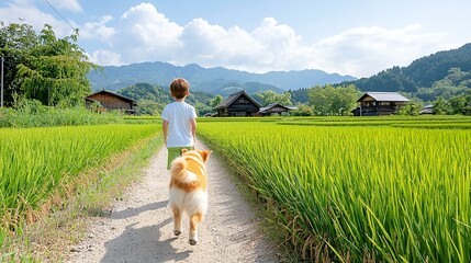 Boy Walking with Shiba Inu Through Countryside in Summer
