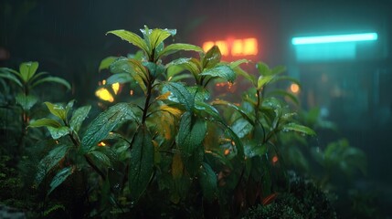 Fototapeta premium Rainy plants with neon lights in a futuristic urban setting.