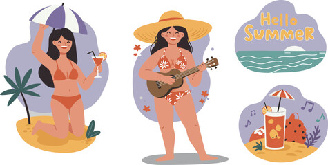Woman playing guitar on tropical beach with summer greeting and palm trees vector illustration 